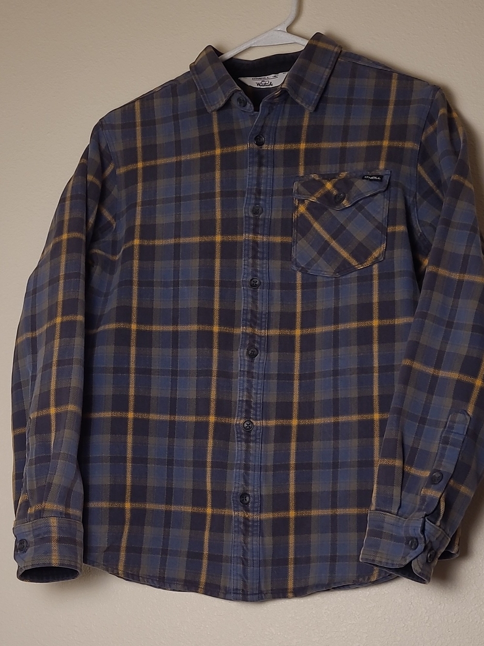 O'Neill X Woolrich Heavyweight Flannel Plaid Shirt Mens S Blue Gold 100% Cotton